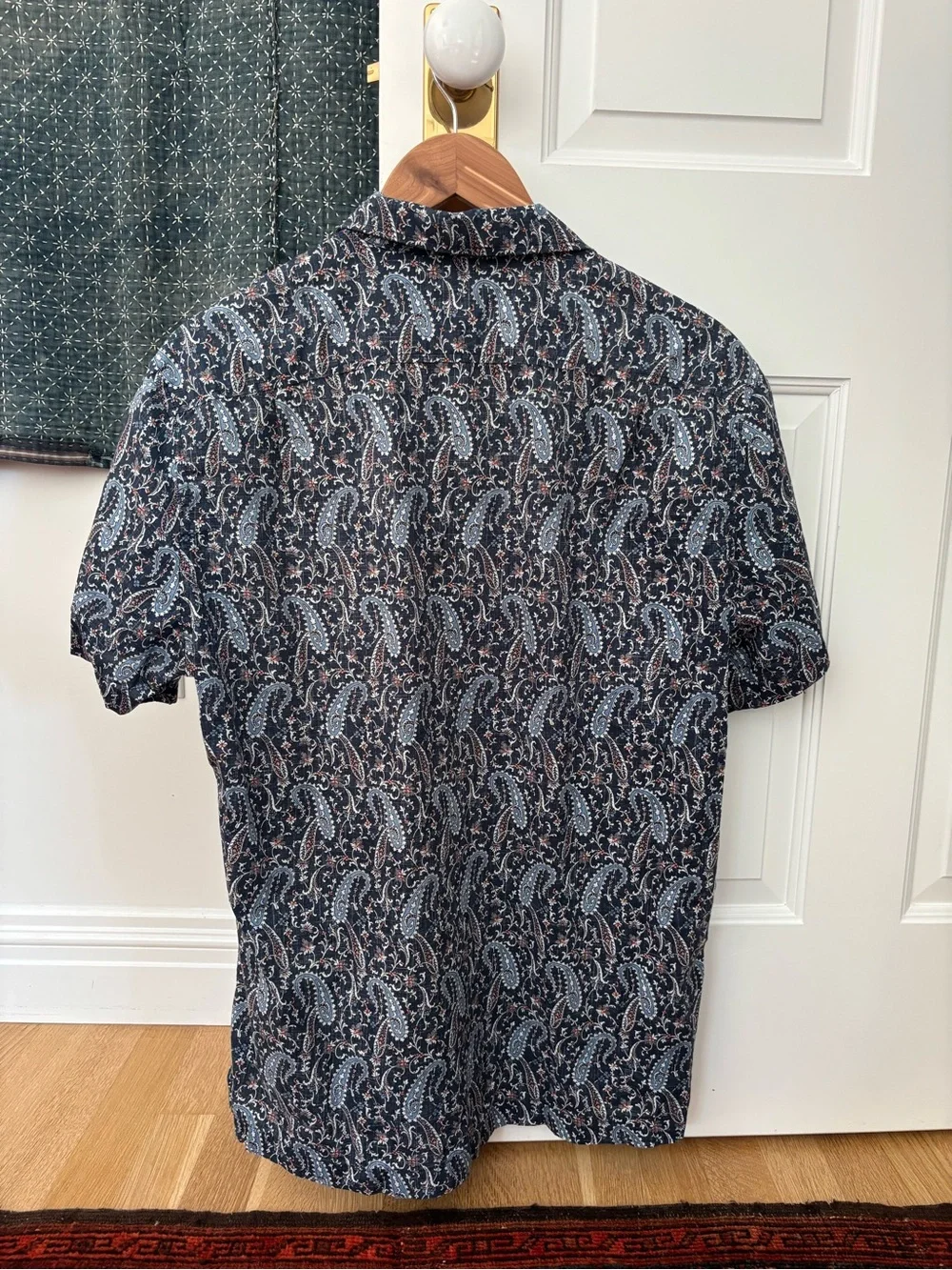 Vintage J. Crew Navy and Tan Paisley Short-Sleeve Button-Down Shirt